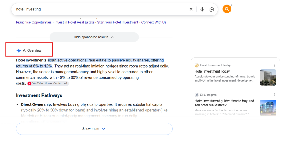 Google search results page showing an AI Overview summary for the search query hotel investing