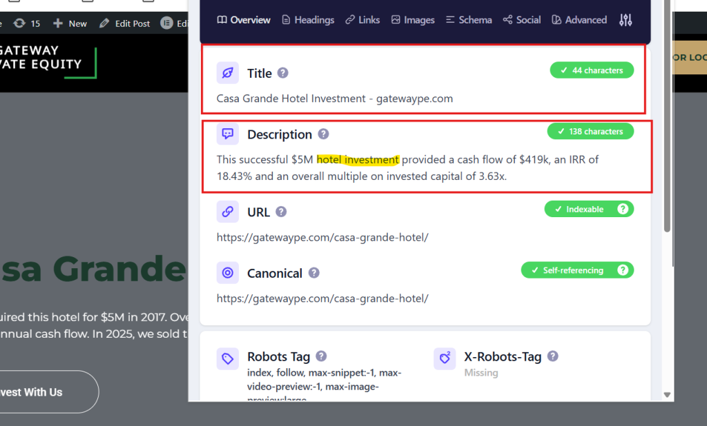 Rank Math SEO plugin showing an optimized title tag and meta description targeting the keyword hotel investment
