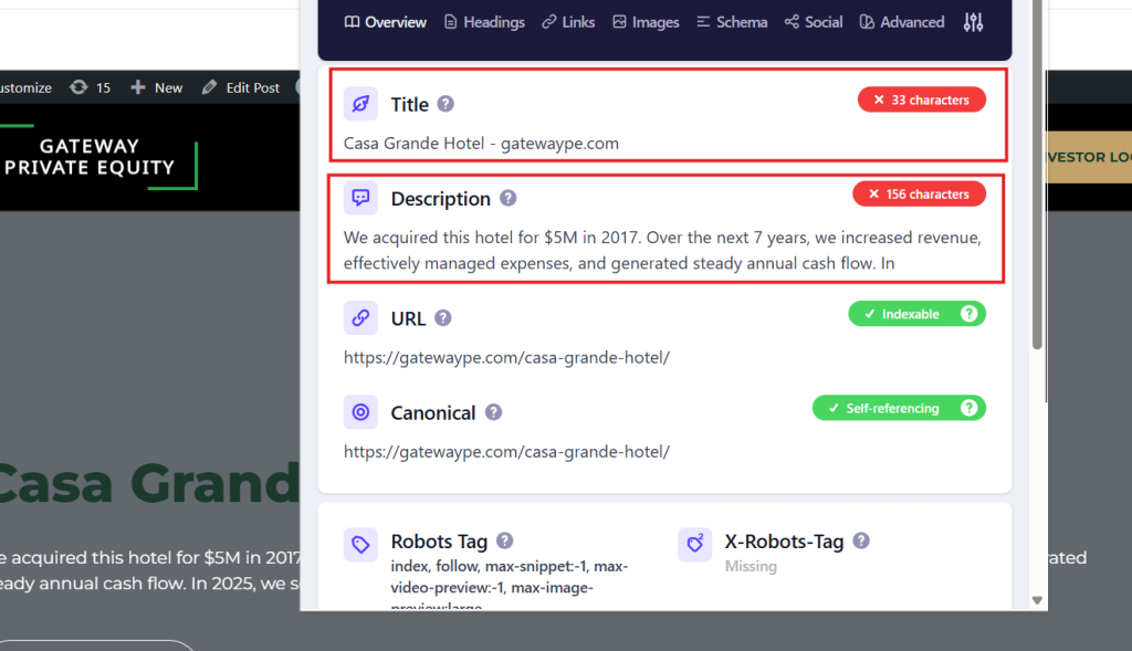 Rank Math SEO plugin showing an unoptimized title tag and meta description that don't target any keywords