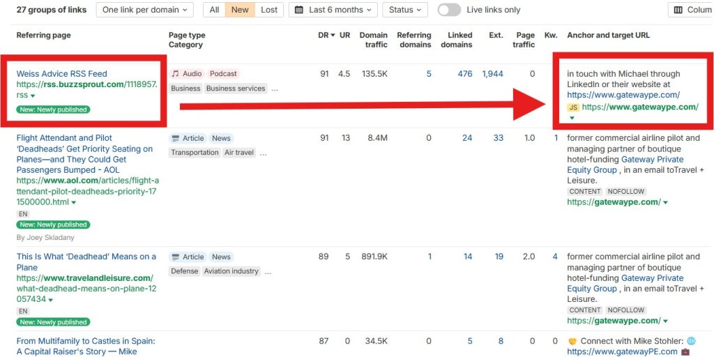 screenshot of AHREFS backlinks report showing the website and link to our client's site