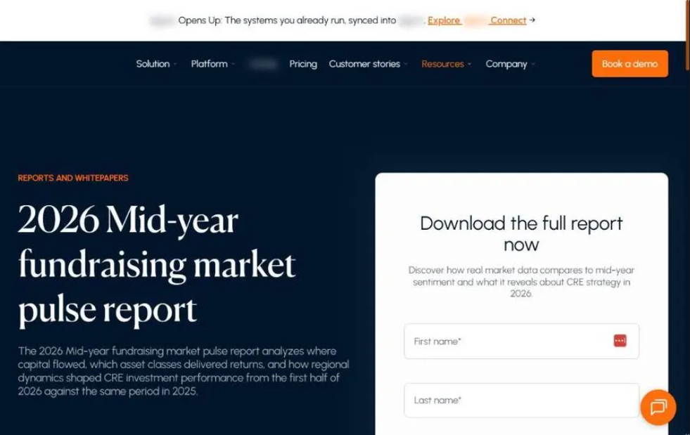 Landing page for a 2026 mid-year fundraising market pulse report, with the report title on the left and a form to download the full report on the right.
