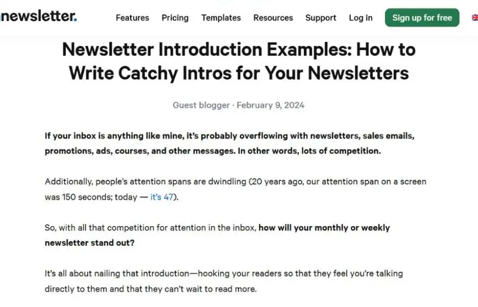 Top of a guest post on Get a Newsletter titled Newsletter Introduction Examples: How to Write Catchy Intros for Your Newsletters, with the author labeled as a guest blogger.