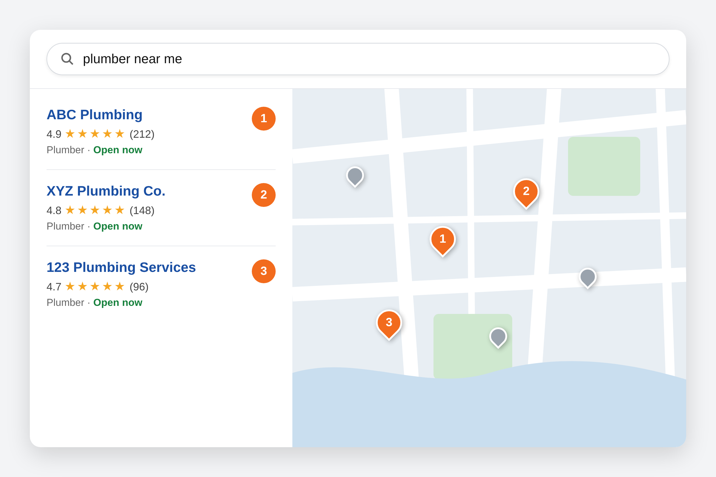 Local search for plumber near me showing a map with three local business listings